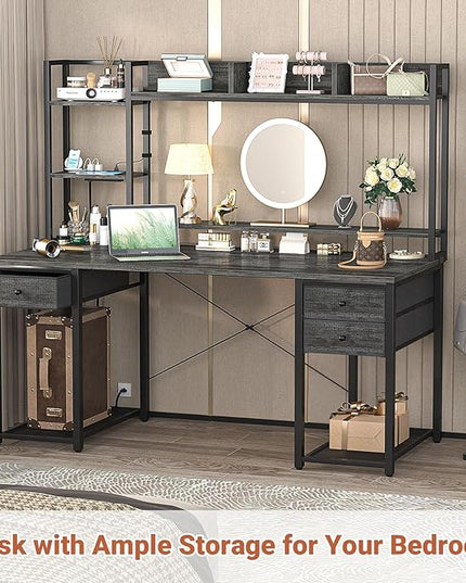 Aheaplus Desk with LED and Outlets, Gaming Desk with Hutch, 55.2'' Computer Desk with Drawers, Reversible office desk with storage bookshelf Large Workstation Desk with Shelf, Desk for Home, Black Oak - LeafyLoom