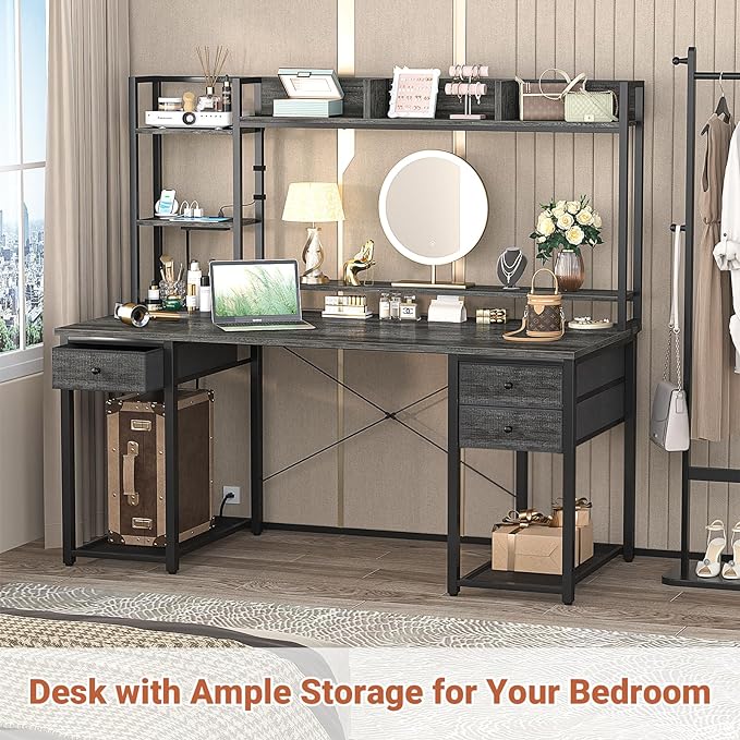 Aheaplus Desk with LED and Outlets, Gaming Desk with Hutch, 55.2'' Computer Desk with Drawers, Reversible office desk with storage bookshelf Large Workstation Desk with Shelf, Desk for Home, Black Oak - LeafyLoom