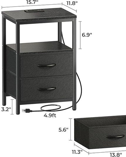 Nightstand with Charging Station, Side Table with Fabric Drawers, End Table with Open Shelf, Bedside Table with USB Ports and Outlets, Night Stand for Bedroom, Black - LeafyLoom