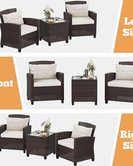 Shintenchi 3 Pieces Patio Furniture Set 3 Pieces PE Rattan Wicker Chairs with Table Outdoor Furniture for Backyard/Garden/Poolside/Outdoor Restaurant Brown Rattan with White Cushion - LeafyLoom