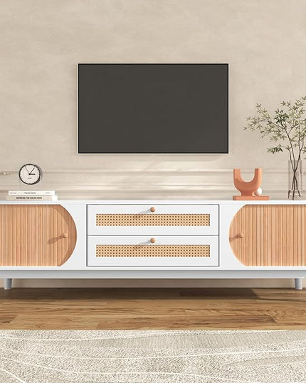 Merax Rattan TV Stand for TVs up to 75", Modern Farmhouse Media Console with Multi-Functional Storage, Boho Entertainment Center with Solid Wood Legs, Television Cabinet for Living Room, Natural+White - LeafyLoom