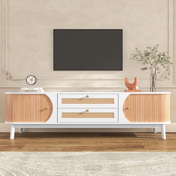 Merax Rattan TV Stand for TVs up to 75", Modern Farmhouse Media Console with Multi-Functional Storage, Boho Entertainment Center with Solid Wood Legs, Television Cabinet for Living Room, Natural+White - LeafyLoom