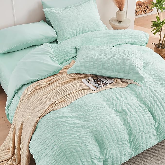 HYMOKEGE Seersucker Comforter Set Full Size 3 Pieces, Lightweight Comforter Sets for Bedding, Bed Set with 1 All Season Soft Down Alternative Comforter and 2 Pillow Shams, Sage Green - LeafyLoom