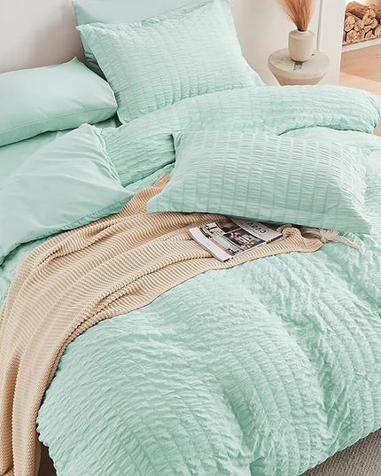 HYMOKEGE Seersucker King Size Comforter Set 3 Pieces, Lightweight Comforter Sets for Bedding, Bed Set with 1 All Season Soft Down Alternative Comforter and 2 Pillow Shams, Sage Green - LeafyLoom