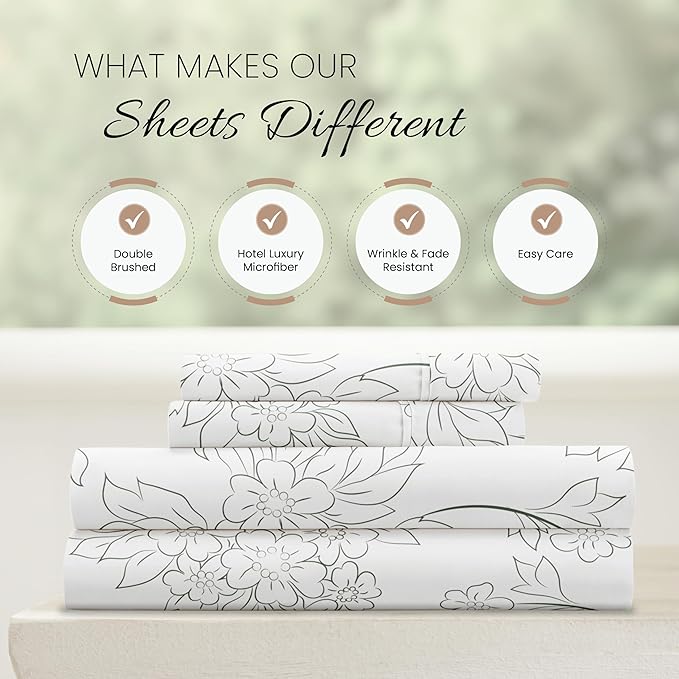 Simply Soft 4 Piece Sheet Set Vines Patterned, Queen, Vines Gray (SS-4PC-VIN-QUEEN-GR) - LeafyLoom