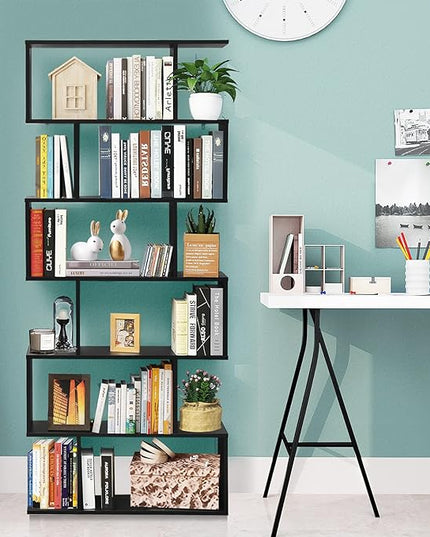 BETTARY 6-Tier Bookshelf, Freestanding S-Shaped Geometric Display Shelf, Modern Tall Bookcase for Home Office, Living Room, Bedroom, Black - LeafyLoom