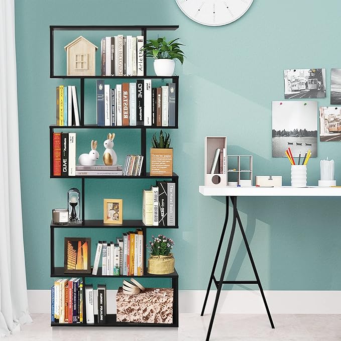 BETTARY 6-Tier Bookshelf, Freestanding S-Shaped Geometric Display Shelf, Modern Tall Bookcase for Home Office, Living Room, Bedroom, Black - LeafyLoom