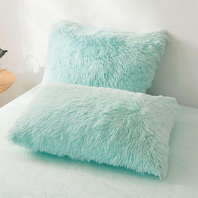 FOPPA Green fluffy Comforter Cover Set king- Ultra Soft fluffy green Bedding Sets 3 Pieces (1 Duvet Cover + 2 Pillow case) green fluffy bed set (Mint Green, King) - LeafyLoom