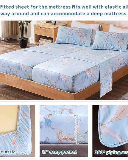 QSH 100% Cotton Floral Sheets for Split King Size Bed, Blue Flowers Plant Pattern Botanical Luxury Cotton Printed Floral Bedding Split King Sheet with Deep Pockets 17" Soft and Breathable 5pcs - LeafyLoom