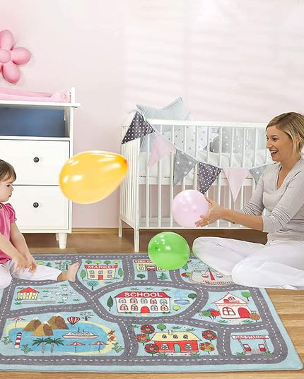 Non-slip Kids Playmat Rug for Playroom, 3'x 5' Blue Washable Children's Educational Rugs, Learning & Have Fun Safely City Life Road Traffic Play Mat Carpet for Baby Room Bedroom - LeafyLoom