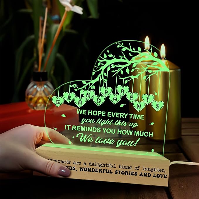 Grandparents 3D Illusion Lamp w/Wooden Base USB Powered, Acrylic Night Light, Grandma & Grandpa Gift from Grandchildrens, Grandparents Lamp Present, Gift for Birthday Fathers Day Mothers Day - LeafyLoom