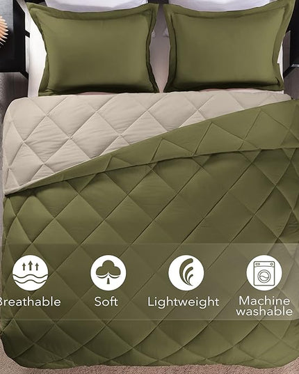 downluxe Queen Comforter Set, Lightweight Solid Down Alternative Reversible, 3-Piece Queen Size Comforter Set with 2 Reversible Pillow Shams (Olive Green/Ivory) - LeafyLoom