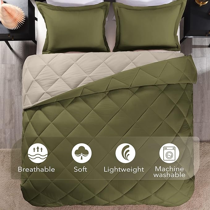 downluxe Queen Comforter Set, Lightweight Solid Down Alternative Reversible, 3-Piece Queen Size Comforter Set with 2 Reversible Pillow Shams (Olive Green/Ivory) - LeafyLoom