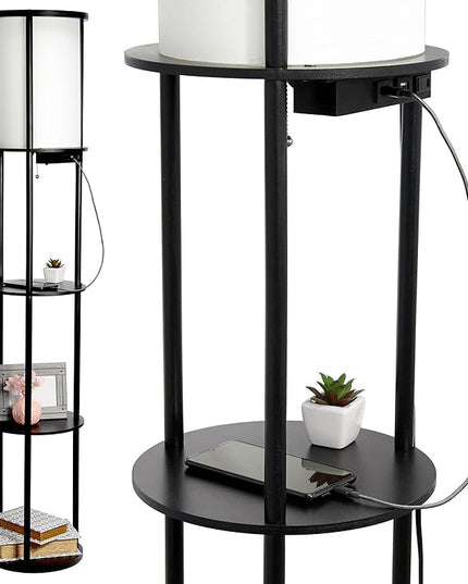 Simple Designs LF2010-BLK 62.5" Round Modern Shelf Etagere Organizer Storage Floor Lamp with 2 USB Charging Ports, 1 Charging Outlet and Linen Shade for Living Room Bedroom Office, Black - LeafyLoom