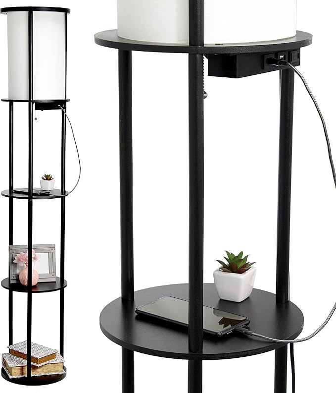 Simple Designs LF2010-BLK 62.5" Round Modern Shelf Etagere Organizer Storage Floor Lamp with 2 USB Charging Ports, 1 Charging Outlet and Linen Shade for Living Room Bedroom Office, Black - LeafyLoom