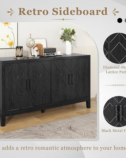 60" 4 Door Retro Sideboard with Adjustable Shelves,Wood Diamond-Shaped Lattice Pattern Storage Buffet Cabinet,w/ 4 Long Handle,for Living Dining Room,Black - LeafyLoom