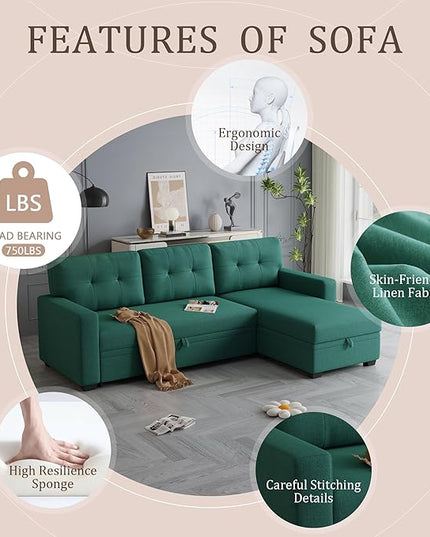 82'' L Shaped Pull Out Couch with Storage Chaise,Convertible Sectional Sleeper Sofa Bed W/ 3 Removable Back Cushions for Living Room,Office,Apartment,Green, 82" - LeafyLoom