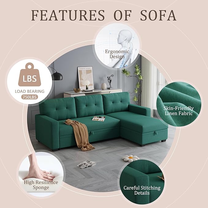 82'' L Shaped Pull Out Couch with Storage Chaise,Convertible Sectional Sleeper Sofa Bed W/ 3 Removable Back Cushions for Living Room,Office,Apartment,Green, 82" - LeafyLoom
