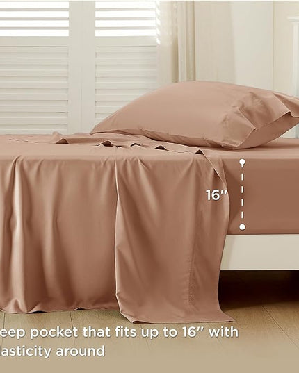 Bedsure Twin XL Sheet Set Dorm Bedding, Cooling Sheets Twin Extra Long Sheets, Rayon Derived from Bamboo, Deep Pocket Up to 16", Hotel Luxury Silky Bedding Sheets & Pillowcases, Taupe - LeafyLoom