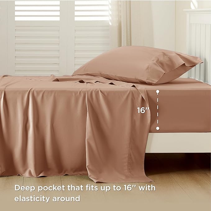 Bedsure Twin XL Sheet Set Dorm Bedding, Cooling Sheets Twin Extra Long Sheets, Rayon Derived from Bamboo, Deep Pocket Up to 16", Hotel Luxury Silky Bedding Sheets & Pillowcases, Taupe - LeafyLoom