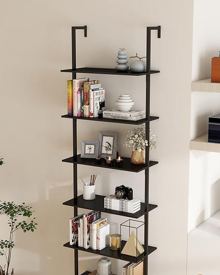 Panana 6 Tier Tall Modern Bookshelf, Industrial Ladder Shelf Open Space Wall Mount Bookshelf with Metal Frame Sturdy Bookcase for Living Room (Black, 6-Tier) - LeafyLoom