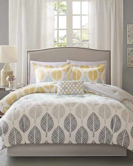 Madison Park Essentials Bed in a Bag Comforter, Vibrant Color Design All Season Down Alternative Cover with Complete Cotton Sheet Set, Cal King(104"x92"), Central Park, Leaf Yellow/Aqua - LeafyLoom