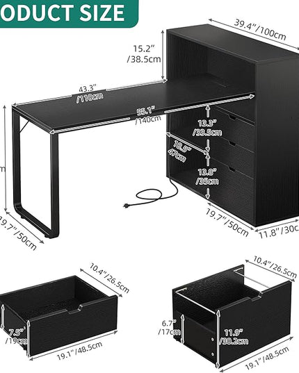 DWVO L Shaped Desk with Drawers, 55" Corner Computer Desk with Bookshelf & Power Outlets & LED Lights, Home Office Desk with Storage Shelves, Black - LeafyLoom