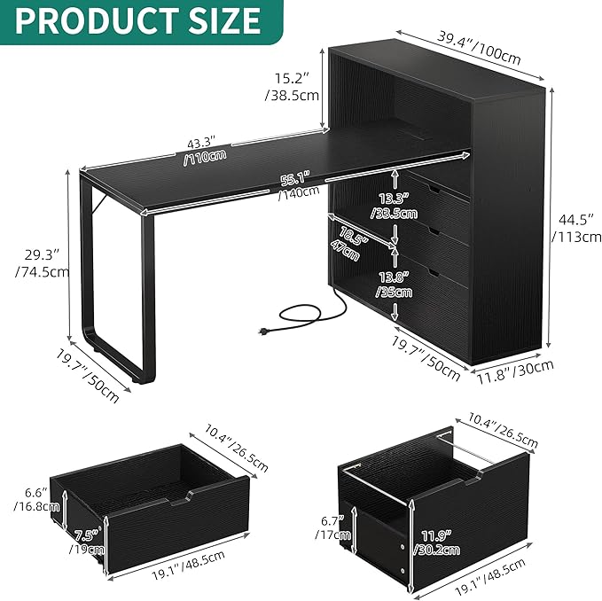 DWVO L Shaped Desk with Drawers, 55" Corner Computer Desk with Bookshelf & Power Outlets & LED Lights, Home Office Desk with Storage Shelves, Black - LeafyLoom