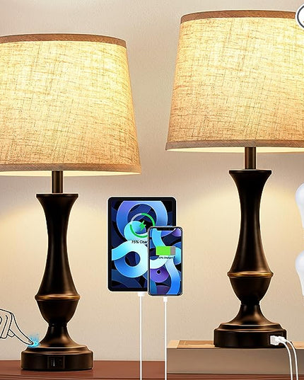 Upgraded Touch Lamps for Bedrooms Set of 2 - Nightstand Table Lamp with USB C+A, 3 Way Dimmable Bedside Lamps for Living Room End Tables, Farmhouse BedroomLamp1 Night Stand Lamps for Office - LeafyLoom