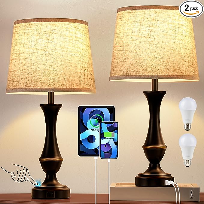 Upgraded Touch Lamps for Bedrooms Set of 2 - Nightstand Table Lamp with USB C+A, 3 Way Dimmable Bedside Lamps for Living Room End Tables, Farmhouse BedroomLamp1 Night Stand Lamps for Office - LeafyLoom