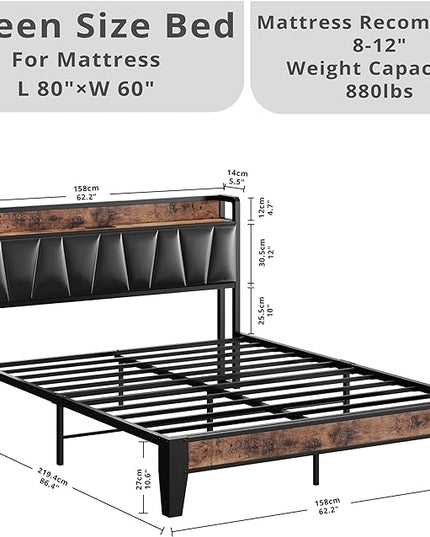 LIKIMIO Queen Bed Frame, Storage Headboard with Charging Station, Solid and Stable, Noise Free, No Box Spring Needed, Easy Assembly (Vintage and Black) - LeafyLoom