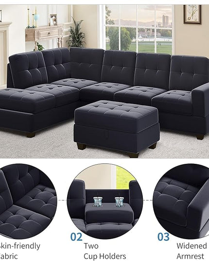 122.1" Modern U-Shape Sectional Sofa with Right Side Chaise & Removable Ottoman, Velvet Upholstered Couch w/ 3 Pillows, for Living Room, Apartment, 112 Inch, Balck - LeafyLoom