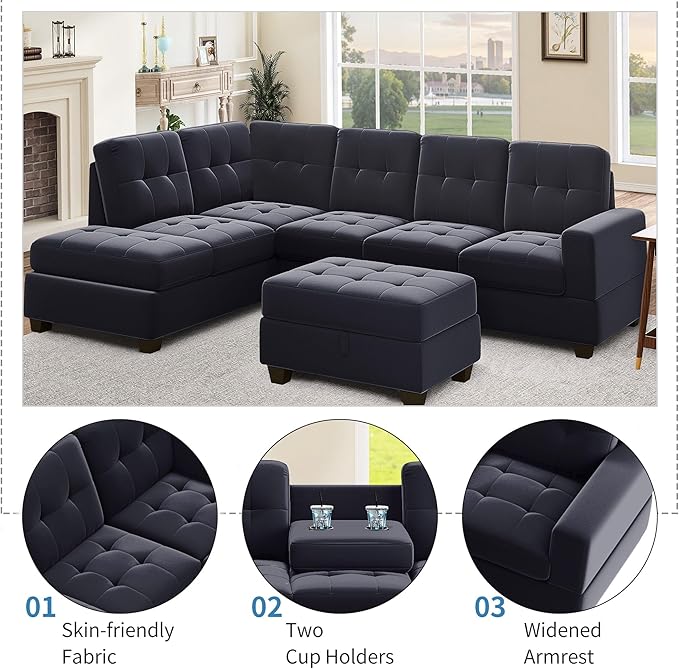 122.1" Modern U-Shape Sectional Sofa with Right Side Chaise & Removable Ottoman, Velvet Upholstered Couch w/ 3 Pillows, for Living Room, Apartment, 112 Inch, Balck - LeafyLoom