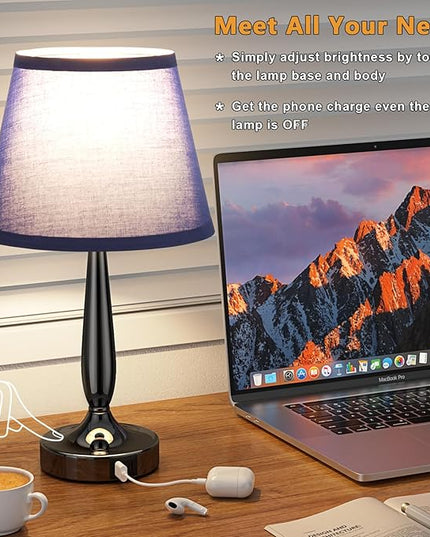 Kakanuo Touch Bedside Lamp for Bedroom with USB C Port, Small Touch Table Lamp with 2 USB Charging Ports, 3 Way Dimmable Nightstand Lamp for Living Room and Office - Royal Blue (LED Bulb Included) - LeafyLoom