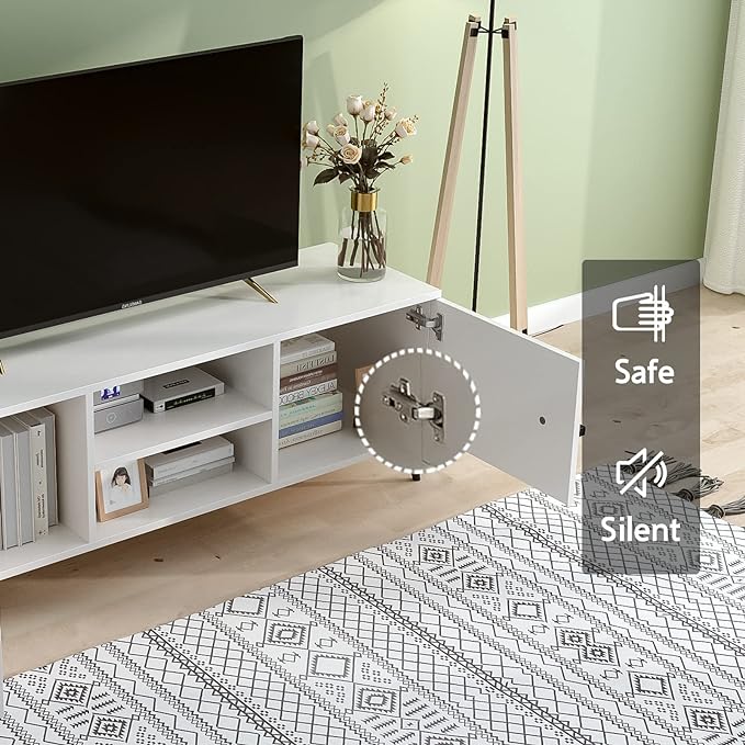 TV Stand for 60 Inch - Wooden Television Stand Table with Storage Cabinets and Open Shelves up to 60", Entertainment Center, Media Console for Living Room and Bedroom, Warm White - LeafyLoom