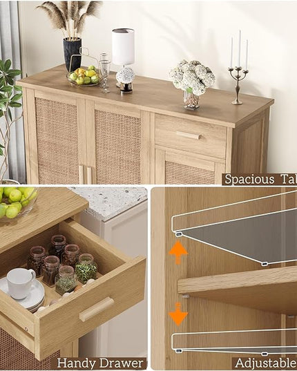 Irontar Kitchen Storage Cabinet, Sideboard Buffet Cabinet with Rattan Decorated Doors, Farmhouse Console Table with Drawer, Coffee Bar, Accent Table for Kitchen, Living Room, Hallway, Natural CWG010M - LeafyLoom