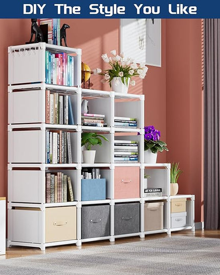 Mavivegue Book Shelf, 18 Cube Storage Organizer, DIY Bookcase, Metal Cube Bookshelf, Tall Book case for Bedroom, Living Room, Office, Closet Storage Organizer, Black Cubicle Storage Rack-White - LeafyLoom