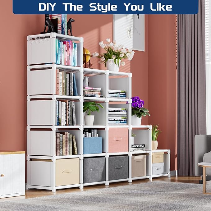 Mavivegue Book Shelf, 18 Cube Storage Organizer, DIY Bookcase, Metal Cube Bookshelf, Tall Book case for Bedroom, Living Room, Office, Closet Storage Organizer, Black Cubicle Storage Rack-White - LeafyLoom