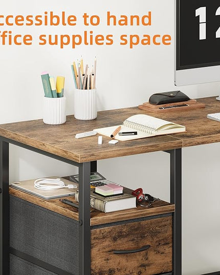 63'' Office Desk with 4 Fabric File Drawers - File Drawer Organization, Computer Work Desk, Study Writing Table, Home Office Workstation, Rustic Brown. - LeafyLoom