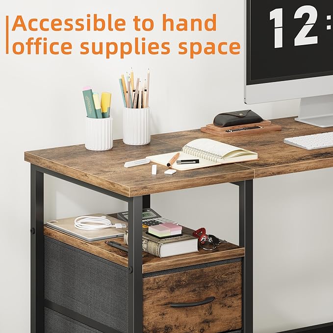 63'' Office Desk with 4 Fabric File Drawers - File Drawer Organization, Computer Work Desk, Study Writing Table, Home Office Workstation, Rustic Brown. - LeafyLoom