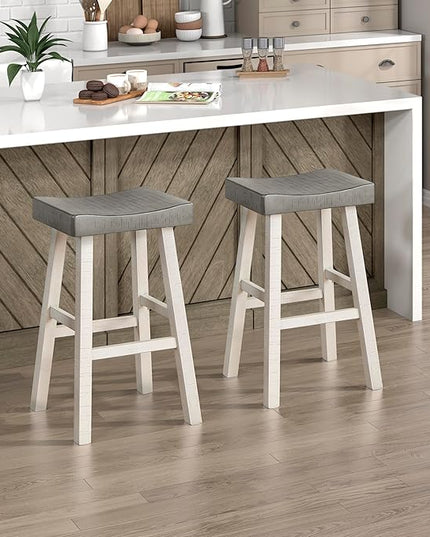 Lexicon Saddle Bar Stools Set of 2 Barstools with Footrest, Armless Dining Chairs for Kitchen Island, Breakfast Nook, Living Room, Pub Height, White/Coffee - LeafyLoom