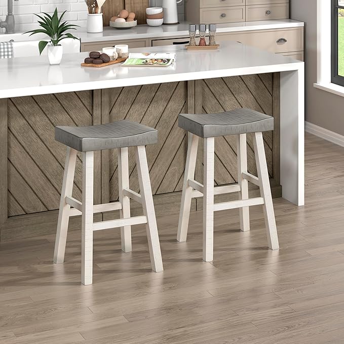 Lexicon Saddle Bar Stools Set of 2 Barstools with Footrest, Armless Dining Chairs for Kitchen Island, Breakfast Nook, Living Room, Pub Height, White/Coffee - LeafyLoom
