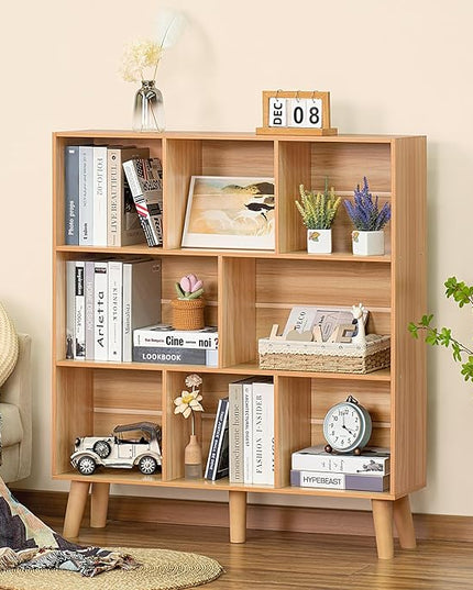 LEYAOYAO Wooden 5 Cube Bookshelf, Natural 3 Tier Book Shelf with Legs, Modern Open Storage Organizer,Boho Bookcase,Display Cabinet Shelf Free Standing Bookshelves for Bedroom,Living Room,Study - LeafyLoom