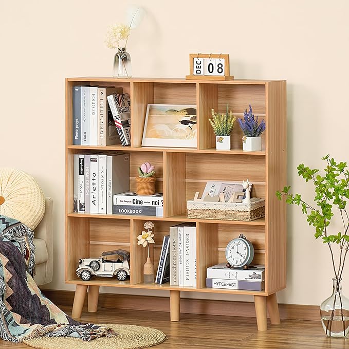 LEYAOYAO Wooden 5 Cube Bookshelf, Natural 3 Tier Book Shelf with Legs, Modern Open Storage Organizer,Boho Bookcase,Display Cabinet Shelf Free Standing Bookshelves for Bedroom,Living Room,Study - LeafyLoom