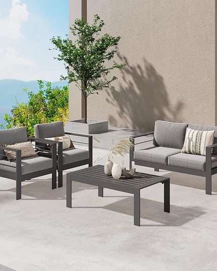 Wisteria Lane Outdoor Patio Furniture Set, 4 Pieces Aluminum Sectional Sofa, Metal Patio Conversation Set with Loveseat, 5 Inch Grey Cushion and Coffee Table (Dark Grey & Grey) - LeafyLoom
