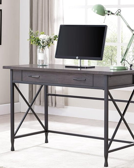 Leick Home 23400 Chisel & Forge Writing Computer Desk with Drop Front Keyboard Drawer, Smoke Gray and Matte Black - LeafyLoom
