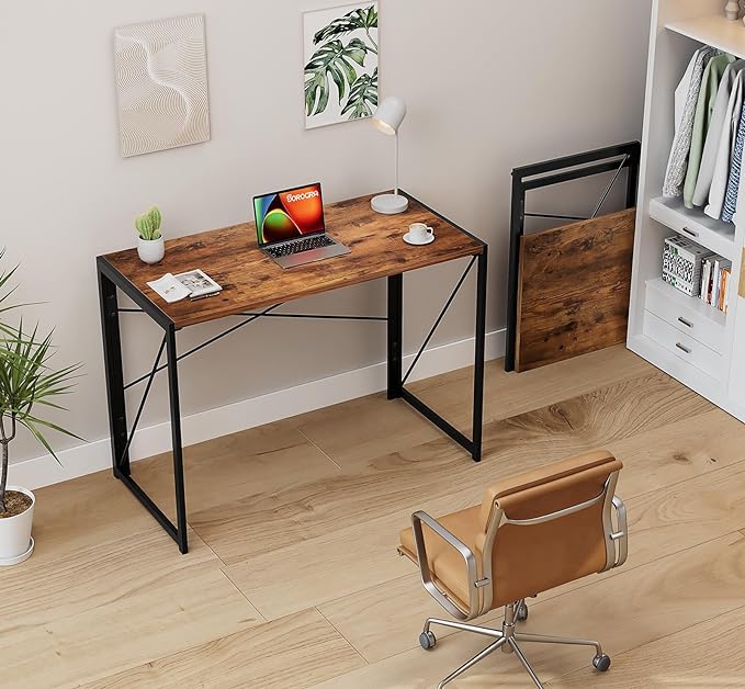 Coavas 39.4 inch Folding Desk No Assembly Required, Writing Computer Desk Space Saving Foldable Table Simple Home Office Desk, Slippy Vintage Brown - LeafyLoom