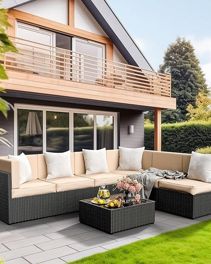 Pamapic Outdoor Rattan Sectional Sofa Conversation Set,7 Pieces Patio Furniture with Tea Table and Washable Cushions, Cream - LeafyLoom