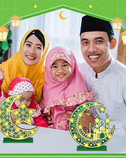 2 Pcs Ramadan Eid Mubarak Crafts Night Light 3D Wooden Moon Star Lights Ramadan Decorations LED Eid Mubarak Lamp Decor Ramadan Table Sign for Tabletop Home Party Supplies(Green and Gold) - LeafyLoom