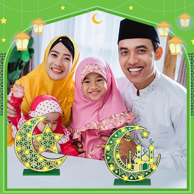 2 Pcs Ramadan Eid Mubarak Crafts Night Light 3D Wooden Moon Star Lights Ramadan Decorations LED Eid Mubarak Lamp Decor Ramadan Table Sign for Tabletop Home Party Supplies(Green and Gold) - LeafyLoom